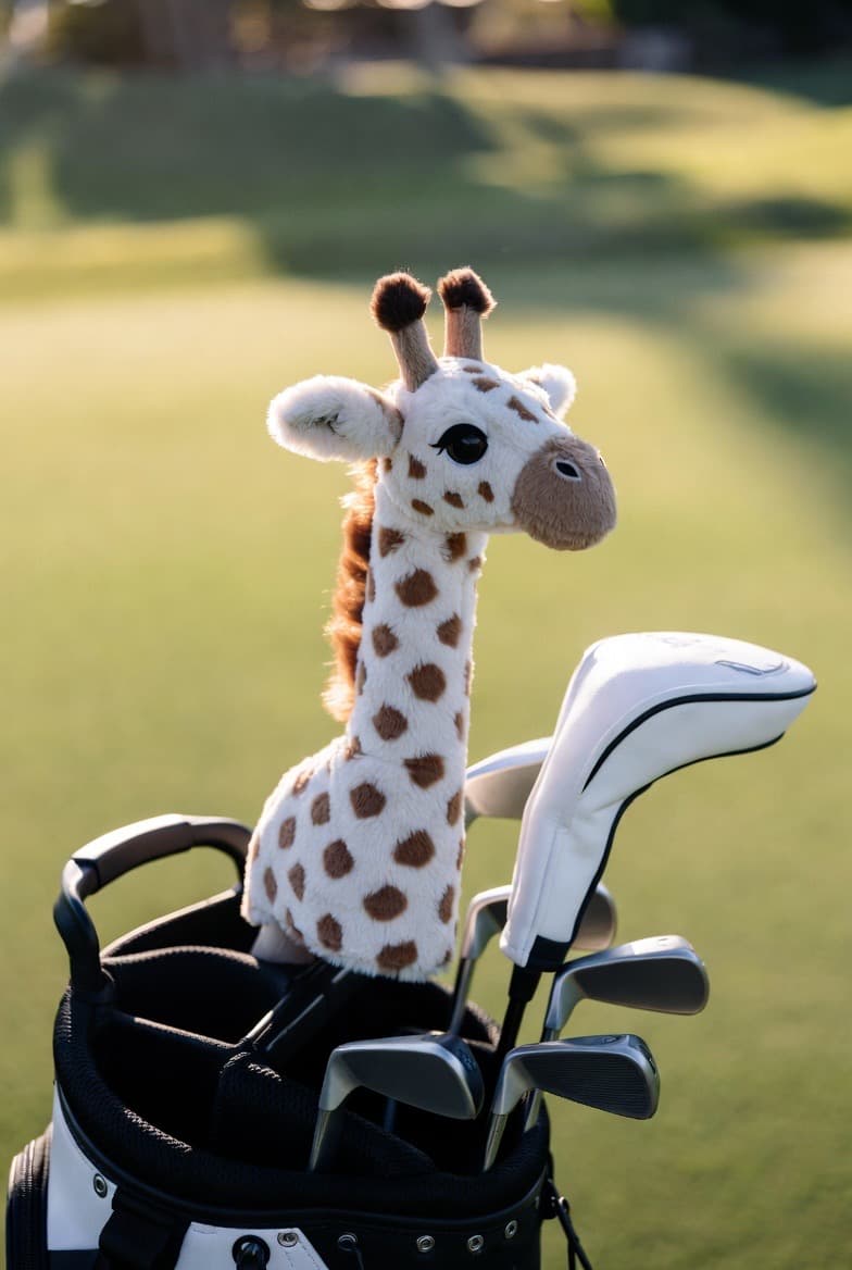Plush giraffe headcover on golf bag